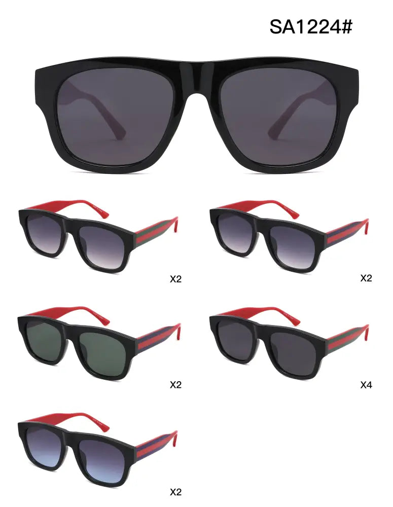 Juego de 12 gafas de sol cuadradas negras con varillas con detalles rojos y lentes degradados grises sa1224