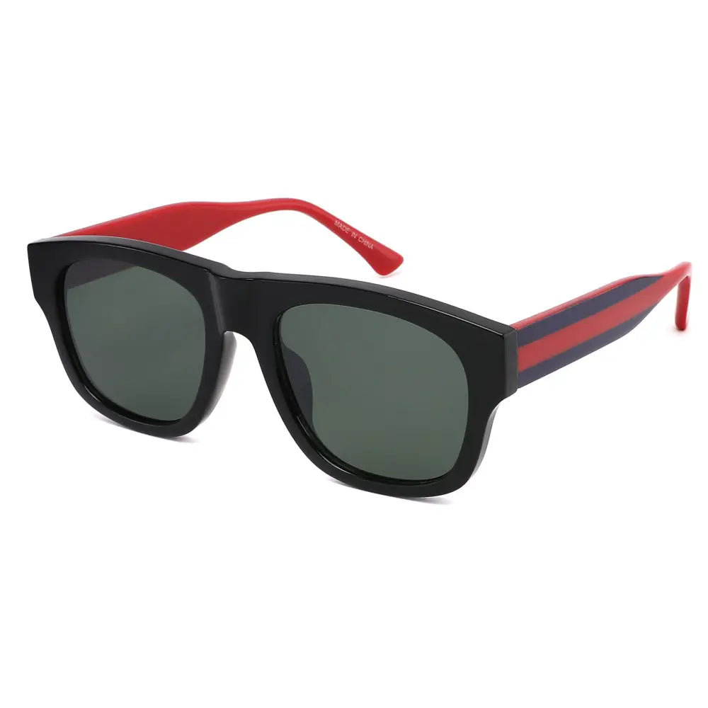 Juego de 12 gafas de sol rectangulares con montura negra y roja, lentes tintados verdes y varillas a rayas sa1224