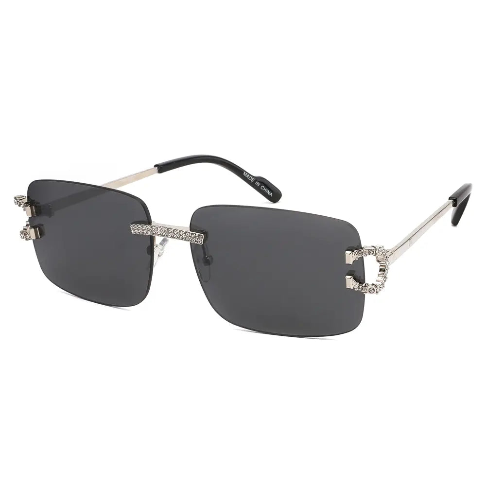 Set of 12 silver-framed sunglasses with dark gray lenses and crystal embellishments on bridge and temple tips