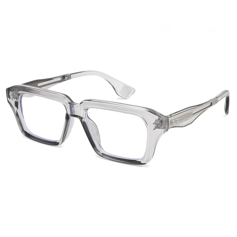 Clear rectangular-framed glasses with translucent gray blue light blocking lenses and subtle etched temple detailing