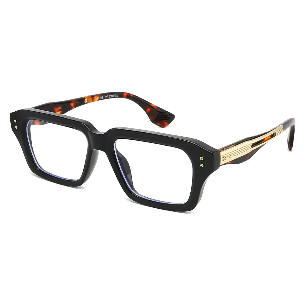 Black rectangular glasses with blue light blocking lenses tortoiseshell temple tips and gold-tone accents set of 12