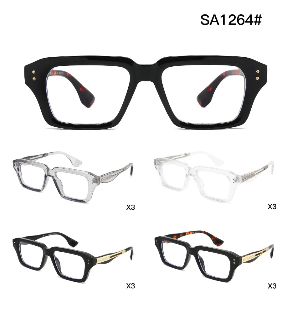 Black rectangular eyeglasses with gold accents and red patterned temple tips featuring blue light blocking lenses