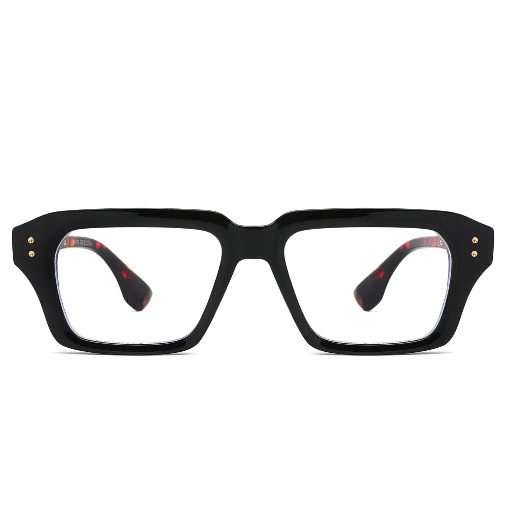 Black rectangular glasses with blue light blocking lenses and tortoiseshell temple tips with gold-tone screws