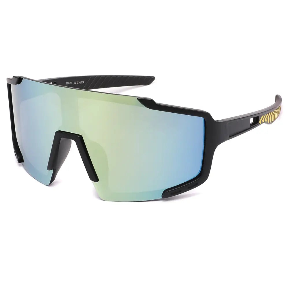 Gafas de sol deportivas negras con montura aerodinámica estilizada y lentes de espejo degradados de azul a verde, juego de 12