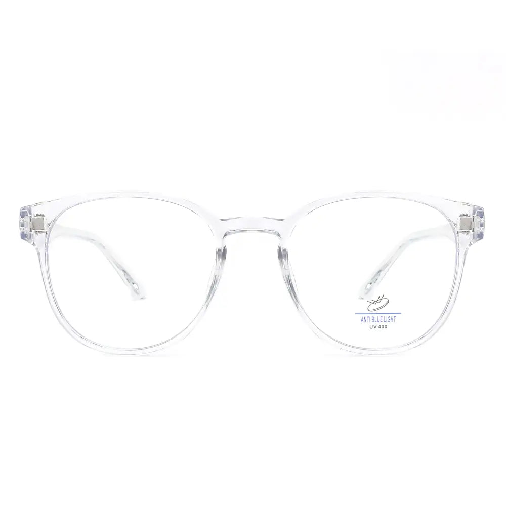 Clear round-framed eyeglasses with transparent acetate and silver-toned bridge with blue light blocking polarized clip-on lenses