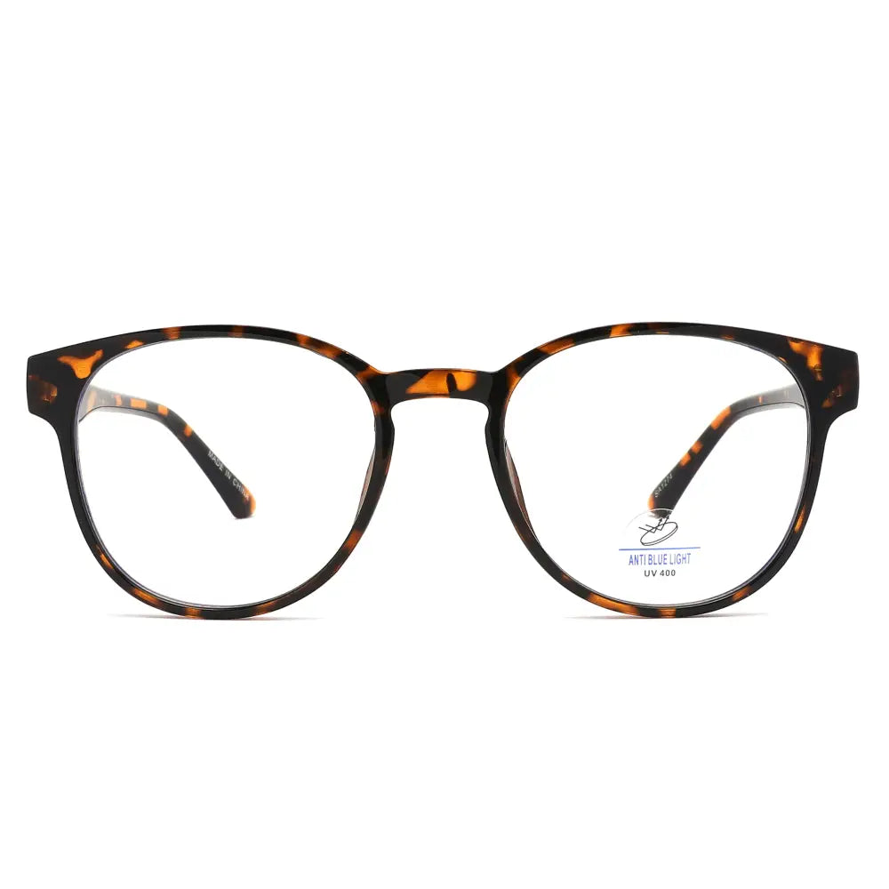 Tortoiseshell rectangular eyeglasses with clear blue light blocking lenses and polarized clip-on for sun protection