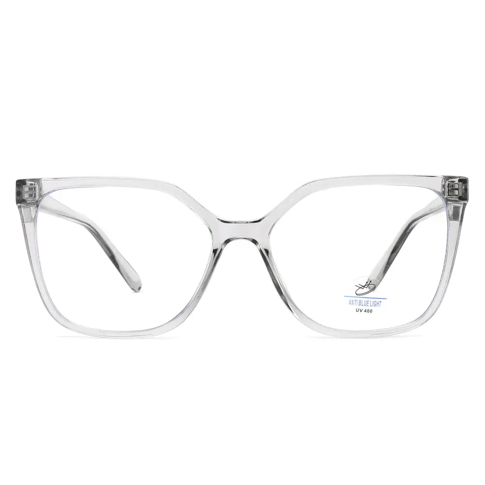 Clear acetate cat-eye glasses with subtle gray tinted lenses and metallic temple tips with blue light blocking clip-on