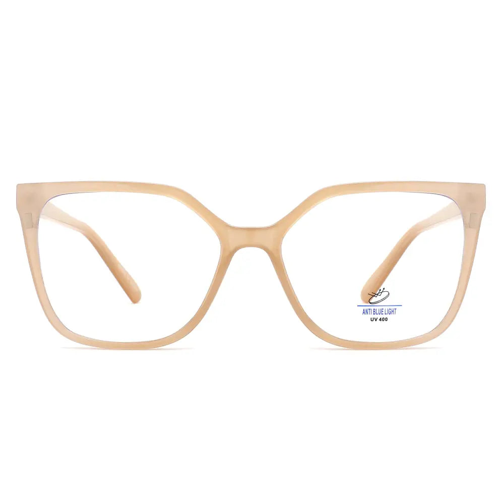Beige cat-eye framed glasses with translucent matte finish clear lenses and blue light blocking polarized clip on