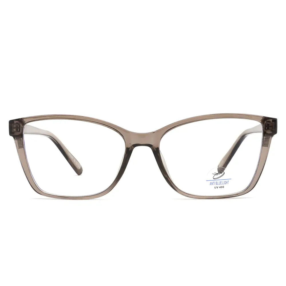 Gray translucent cat-eye glasses with anti-blue light uv 400 polarized clip-on lenses in a set of 12