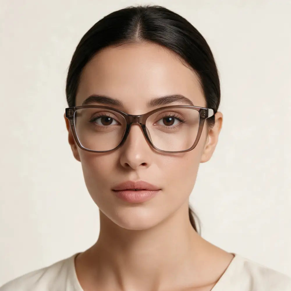 Brown cat-eye glasses with sleek modern frame and subtle metallic accents featuring blue light blocking lenses and polarized clip on