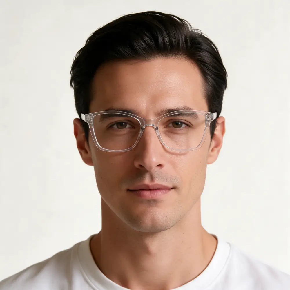 Clear acetate-framed glasses with modern cat-eye shape and blue light blocking lenses plus polarized clip-on set of 12