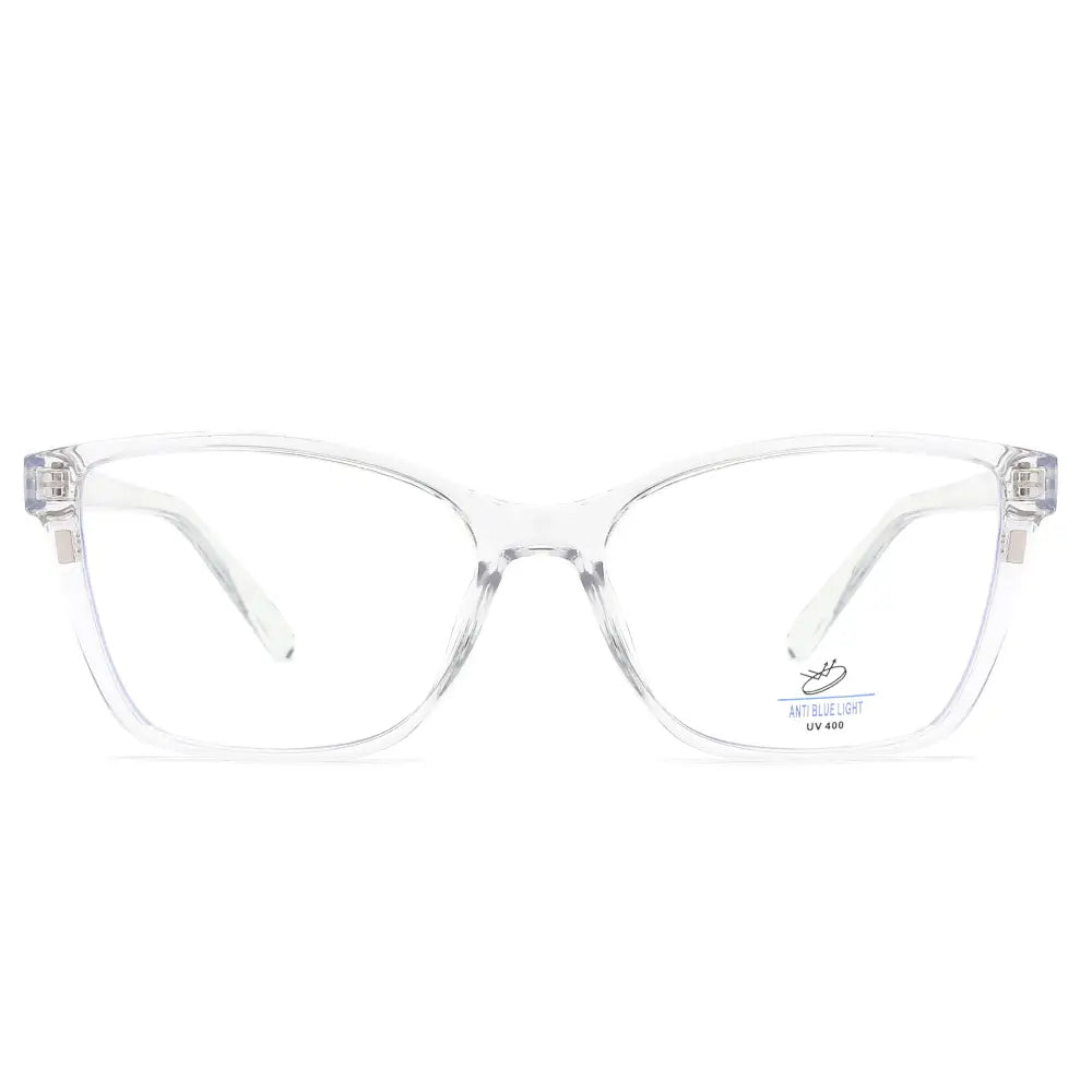 Clear acetate-framed glasses with modern cat-eye shape and blue light blocking lenses with polarized clip-on set of 12