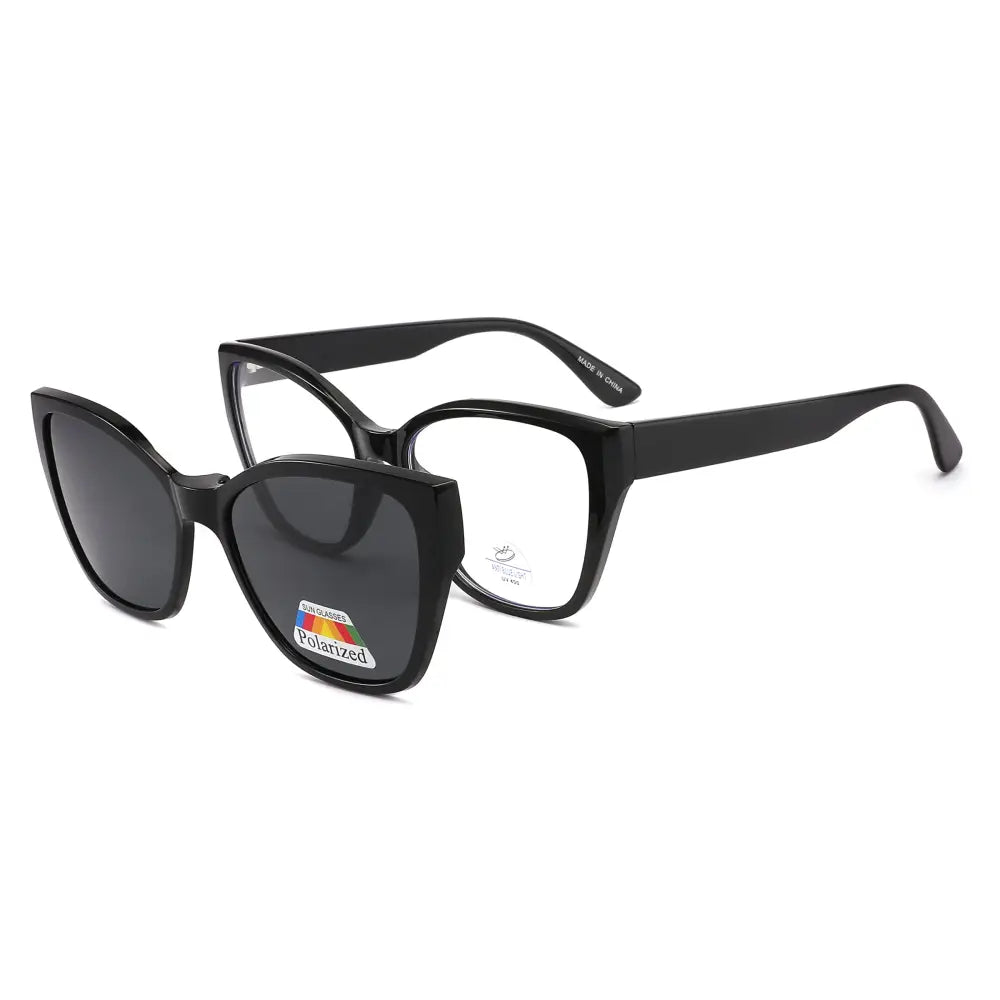 Black cat-eye sunglasses with dark gray polarized lenses and glossy frame with blue light blocking clip on set of 12