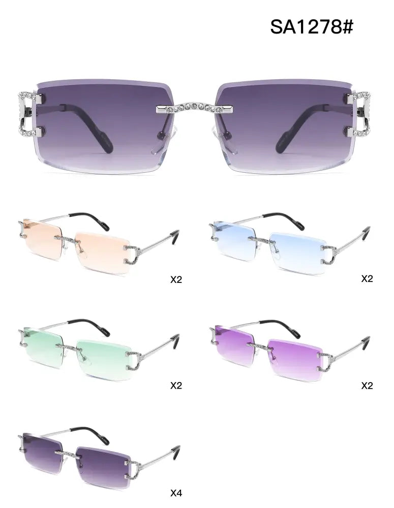 Silver-framed rectangular sunglasses with gradient purple lenses and crystal-embellished temples set of 12