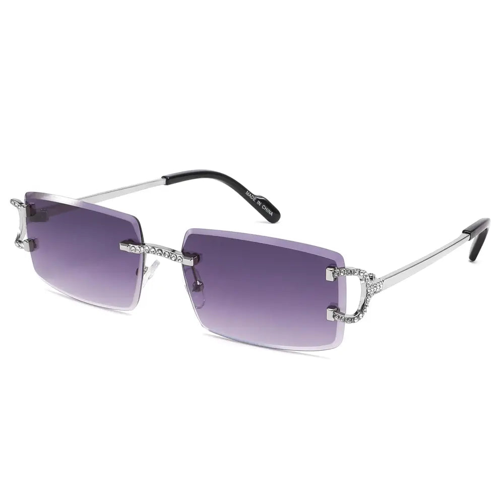 Silver-framed rectangular sunglasses with gradient purple lenses and crystal-encrusted bridge and temple tips set of 12