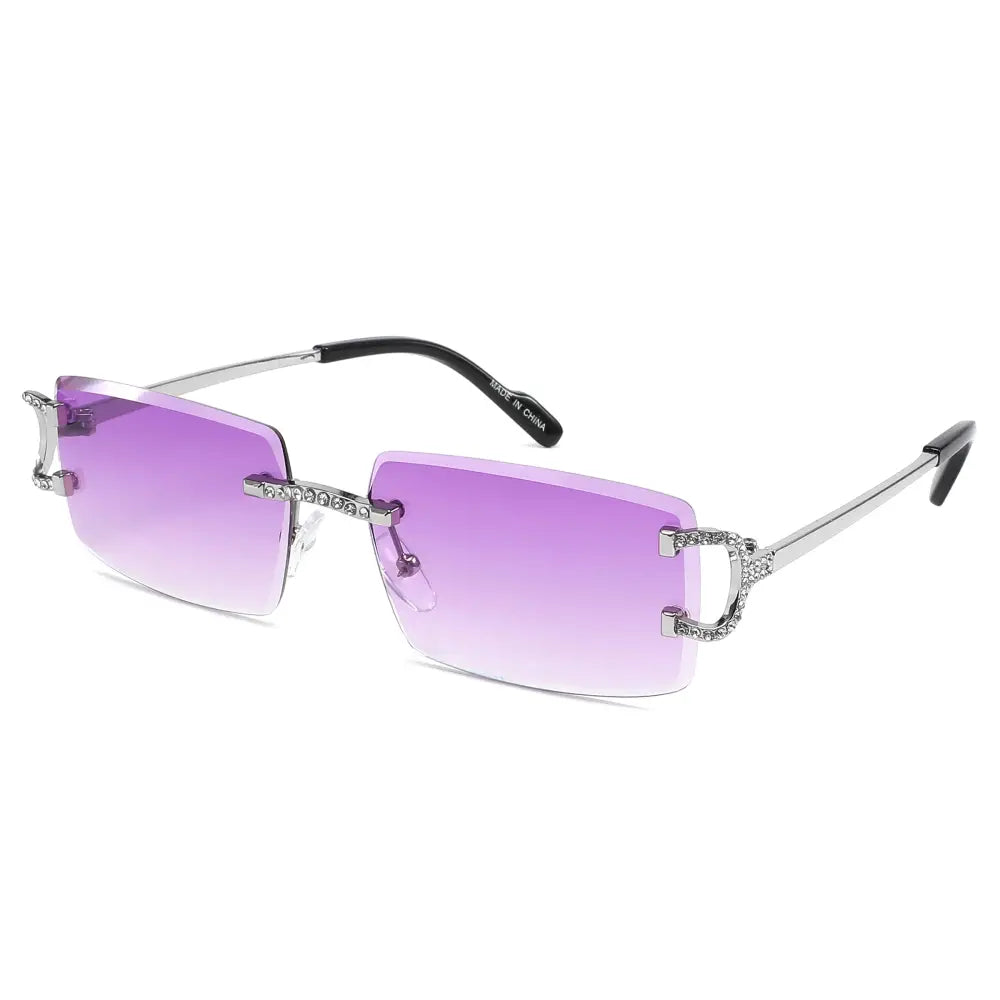 Silver-framed sunglasses set of 12 with gradient purple lenses and crystal-encrusted bridge and temple tips