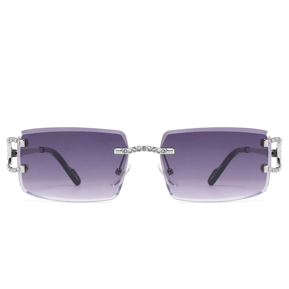 Set of 12 silver-framed sunglasses with gradient purple lenses and crystal embellishments on bridge and temples