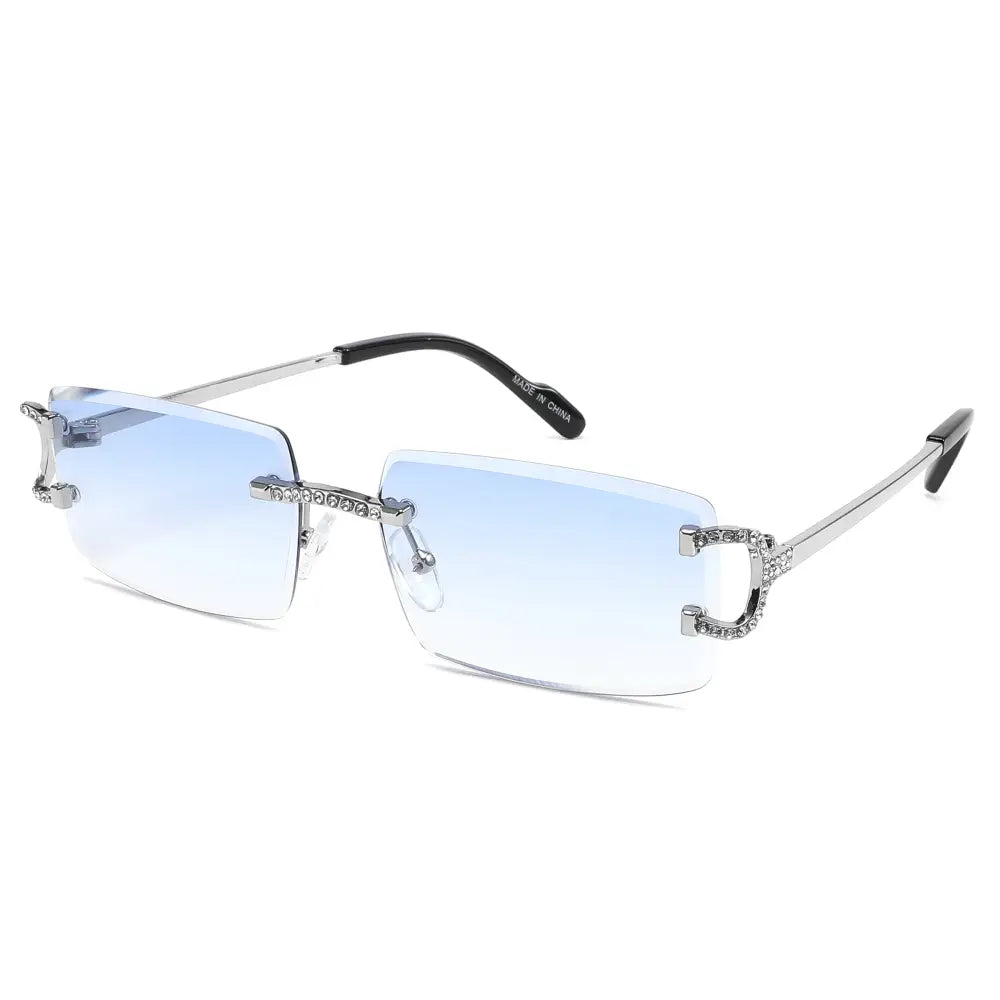 Set of 12 silver-framed rectangular sunglasses with gradient blue lenses and crystal embellishments on the bridge