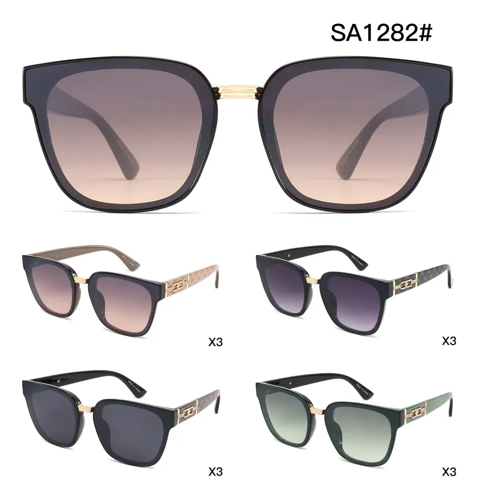 Black square-framed sunglasses with gold-tone bridge accents and gradient lenses set of 12 model sa1282