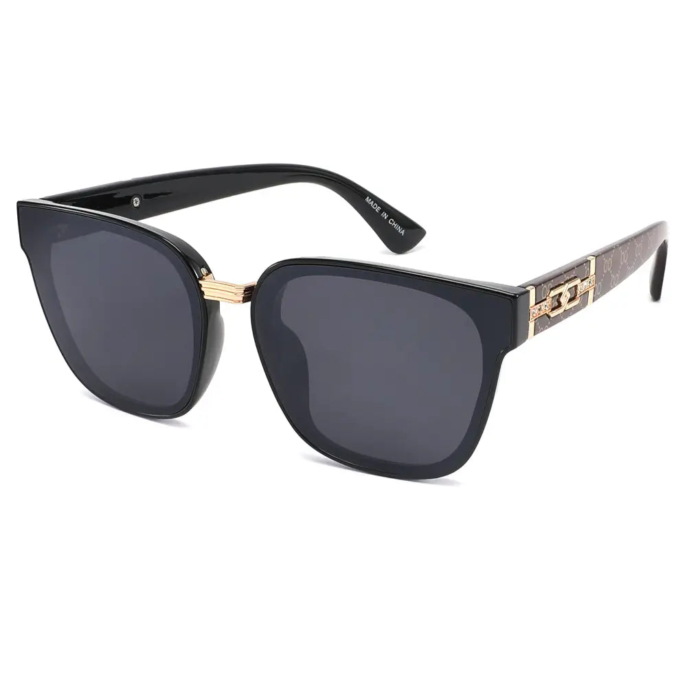 Black square-framed sunglasses with gold-tone metal accents and patterned temple band set of 12