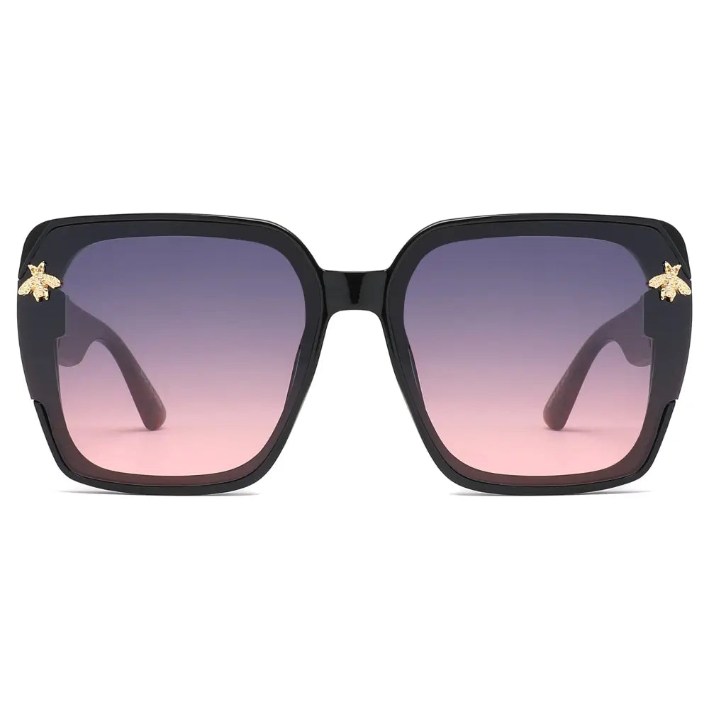 Black square-framed sunglasses with gradient pink to purple lenses and gold bee embellishments on the temples set of 12
