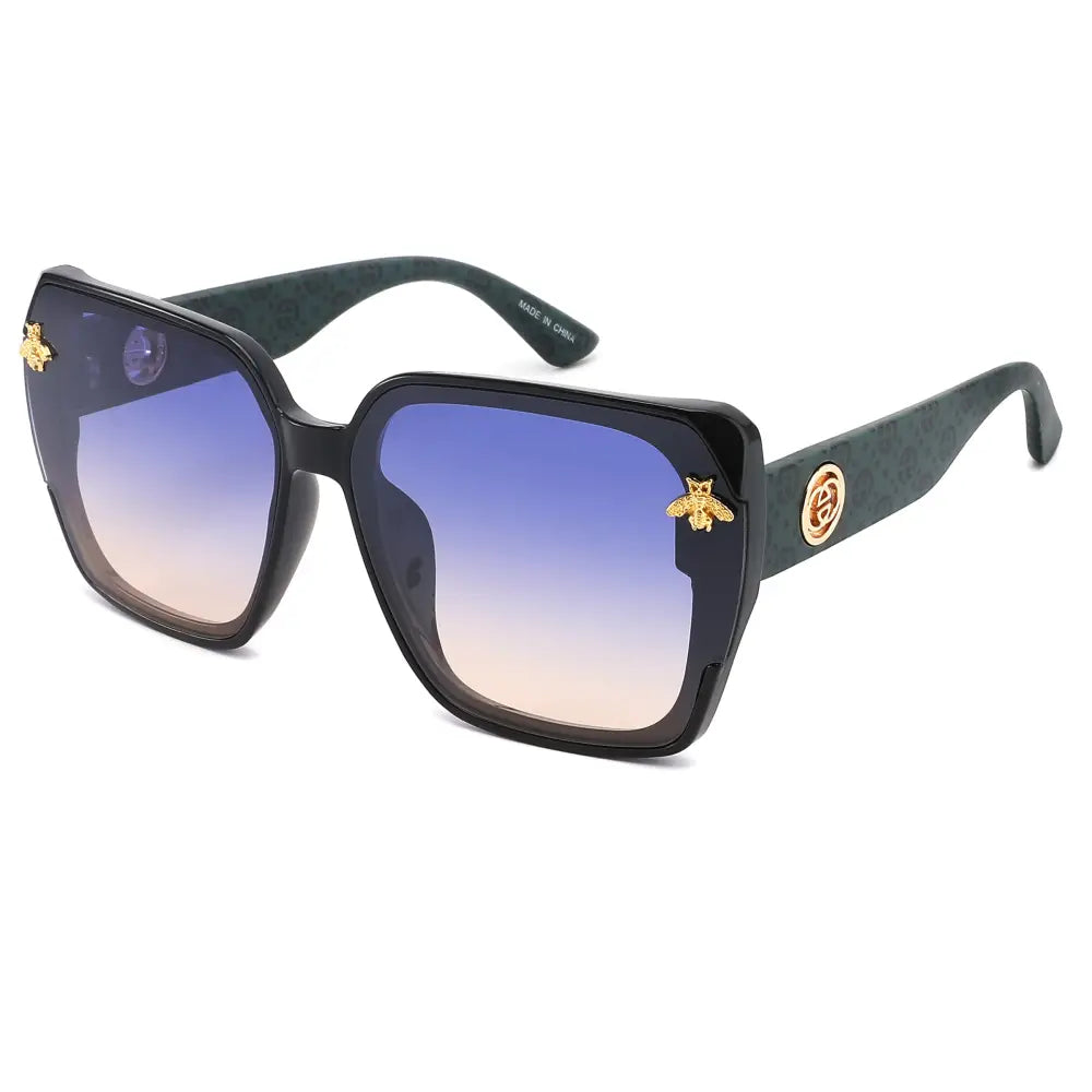 Black square-framed sunglasses with gradient blue to pink lenses and gold bee embellishments on the temples set of 12