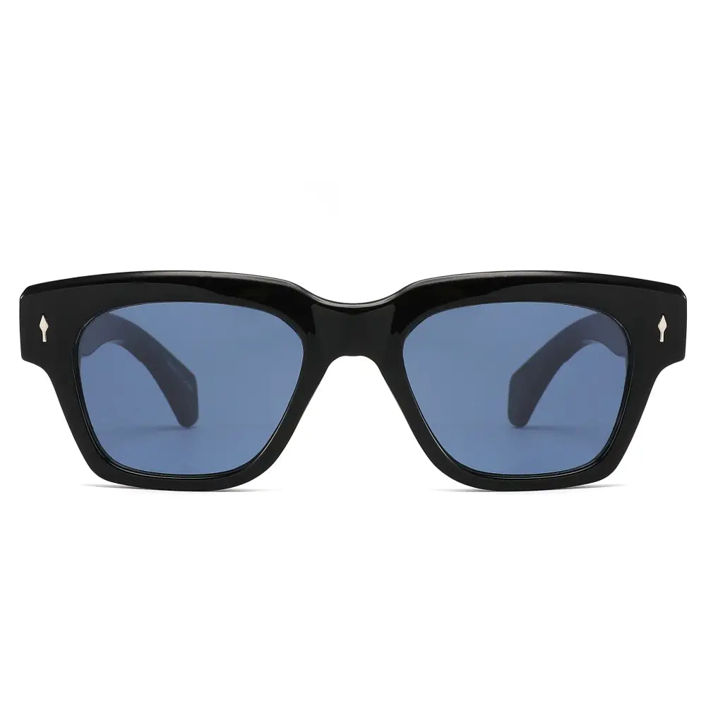 Set of 12 black acetate sunglasses with blue gradient lenses and small silver arrow logos on the temples