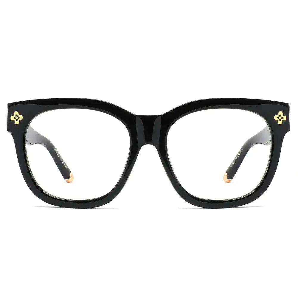 Black rectangular glasses with gold four-petal flower accents on temples and matching gold tips blue light blocking lenses