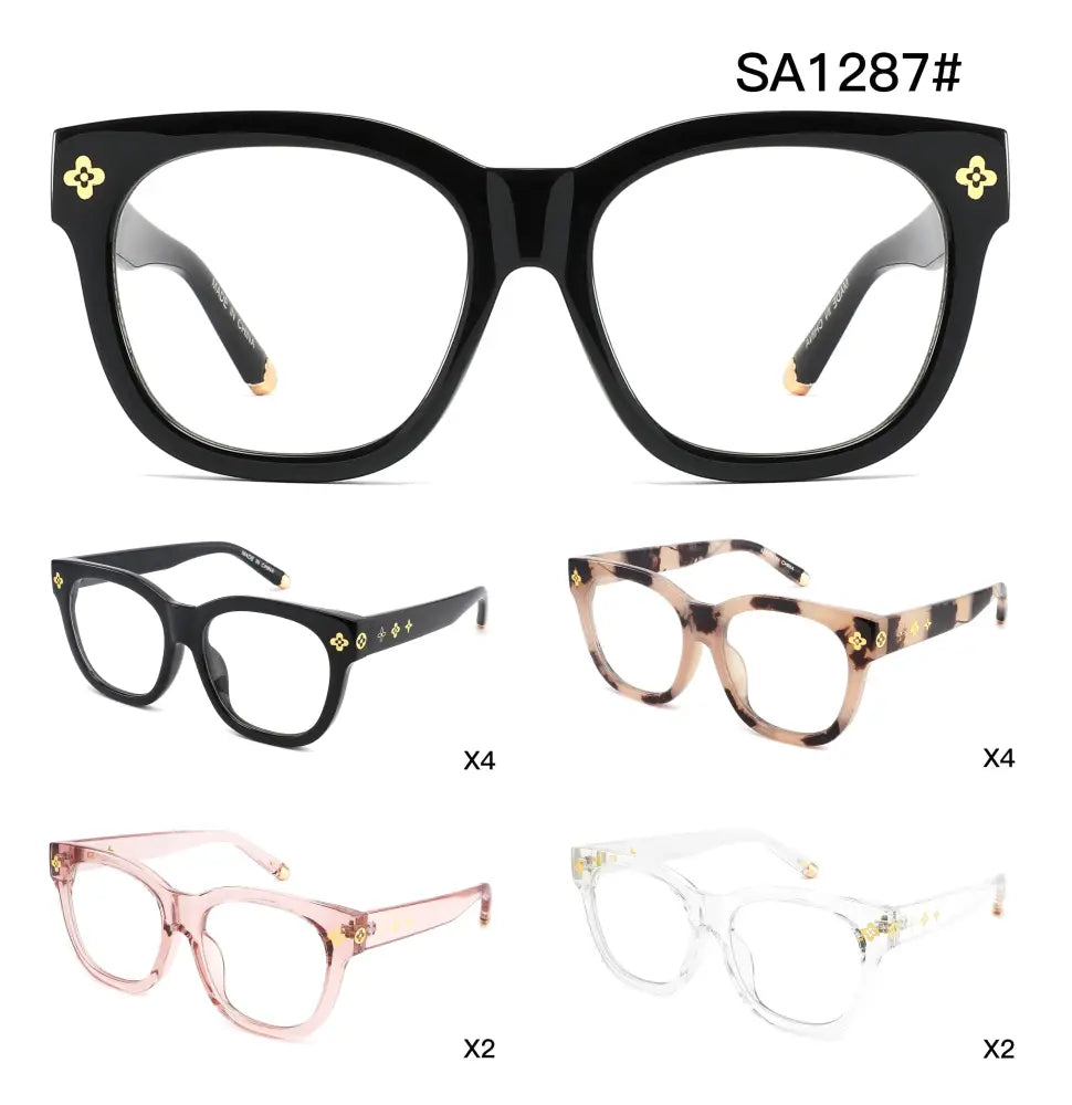 Black rectangular eyeglasses with gold floral embellishments and blue light blocking lenses set of 12