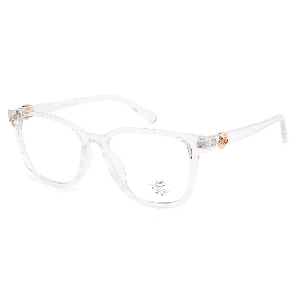 Clear acetate eyeglasses with blue light blocking lenses and rose gold floral embellishments on the temples