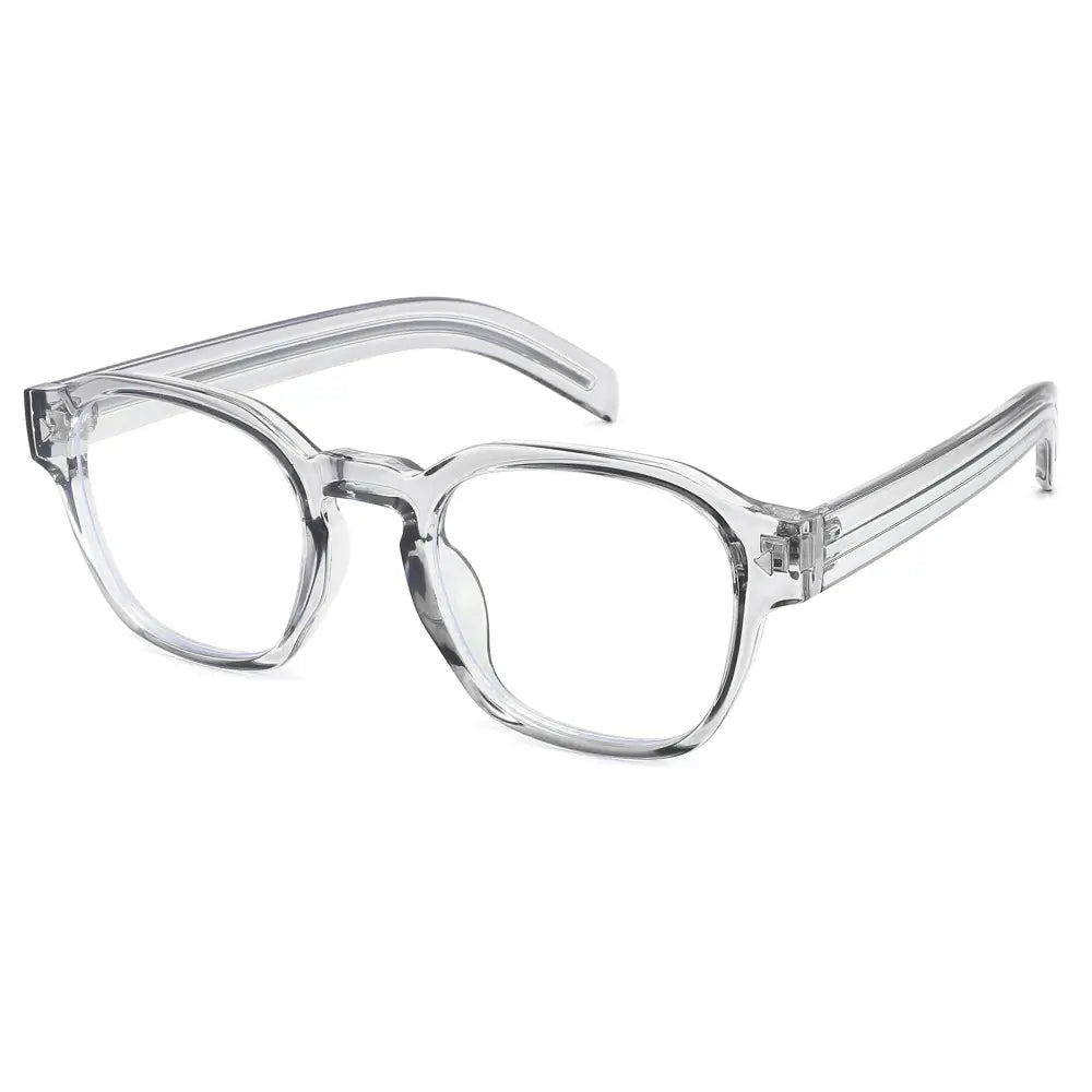 Clear acetate-framed glasses with blue light blocking lenses and a modern minimalist design in a set of 12