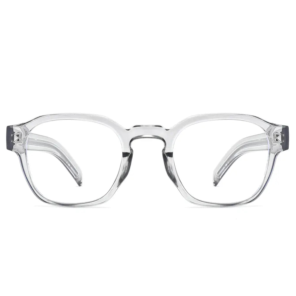 Clear acetate-framed glasses with dark gray temple tips and blue light blocking lenses in a set of 12 sa1300