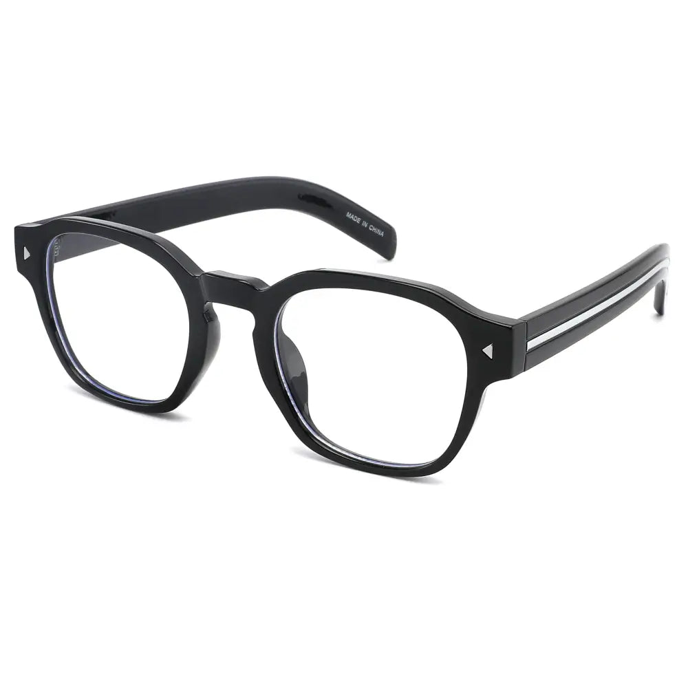 Black rectangular eyeglasses with blue light blocking lenses and white accent stripes on the temples in a set of 12