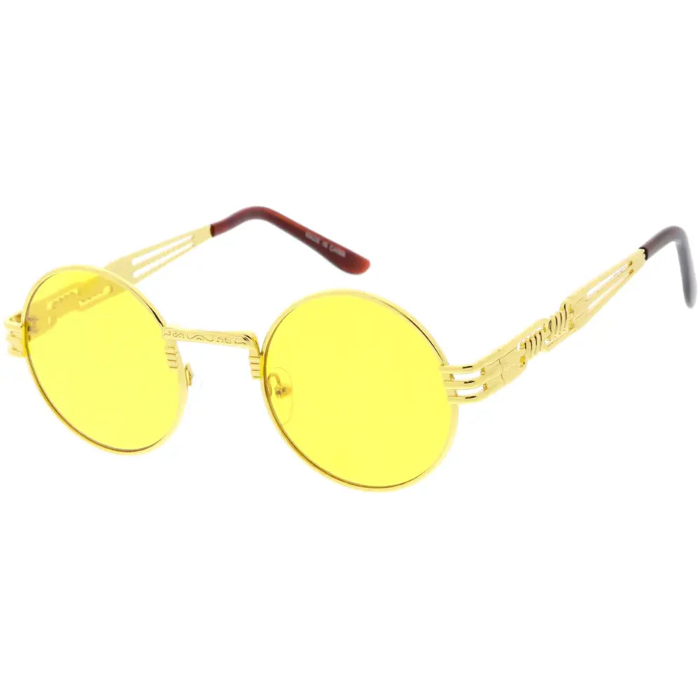 Gold-toned round sunglasses with vibrant yellow lenses and intricately designed metal frames set of 12 model SA318