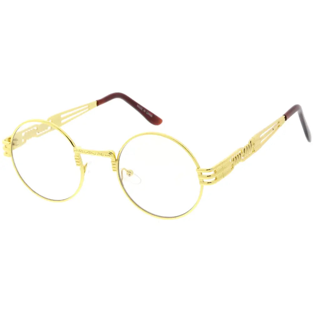 Gold-toned round-framed glasses with engraved arms and dark brown temple tips in set of 12 sa318