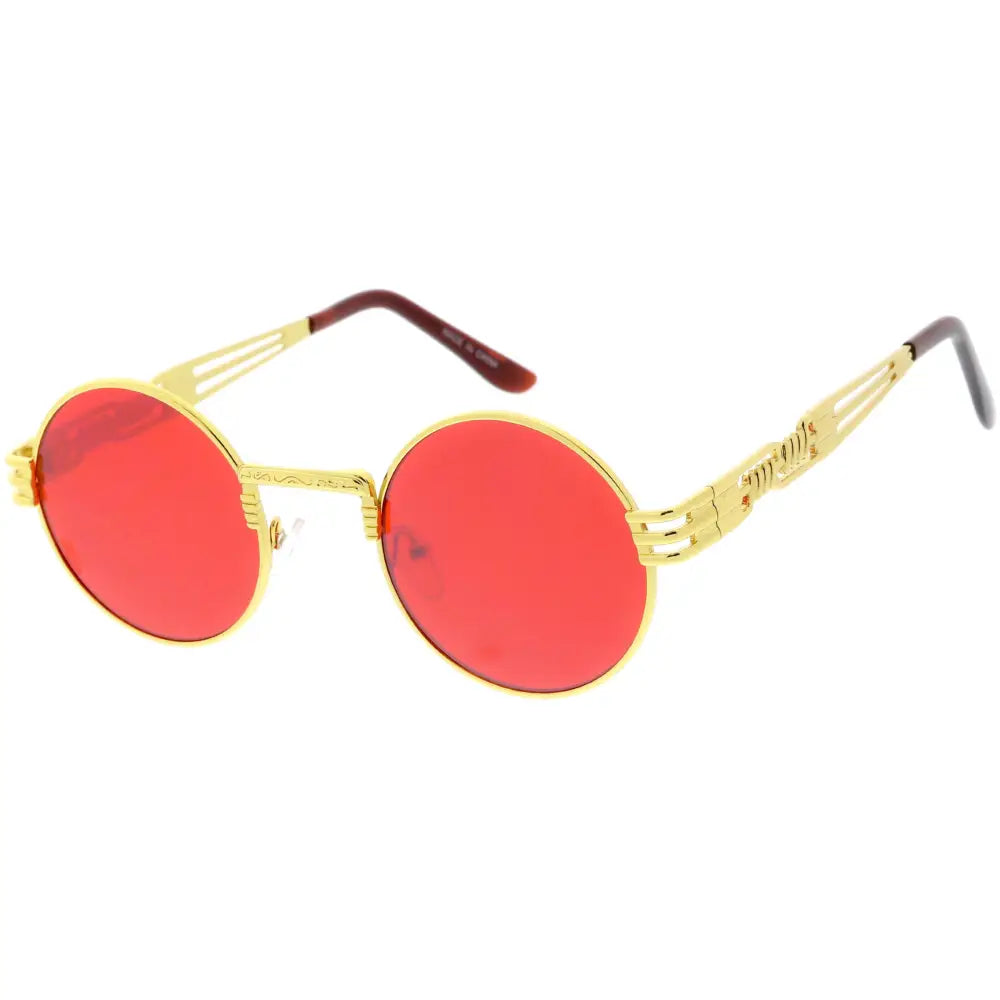 Round gold-framed sunglasses with vibrant red lenses and etched decorative detailing on the arms set of 12