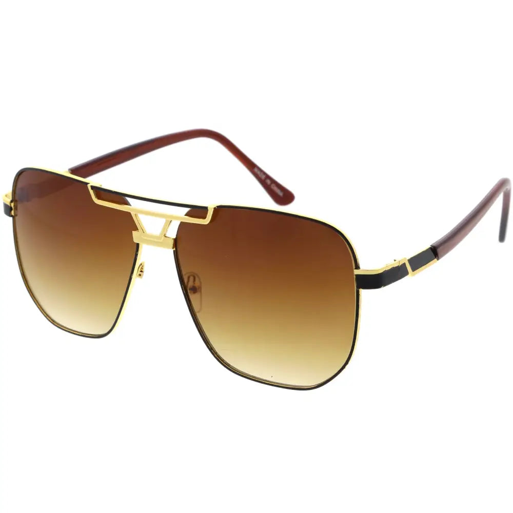 Set of 12 gold-rimmed aviator sunglasses with gradient brown lenses and maroon temple arms