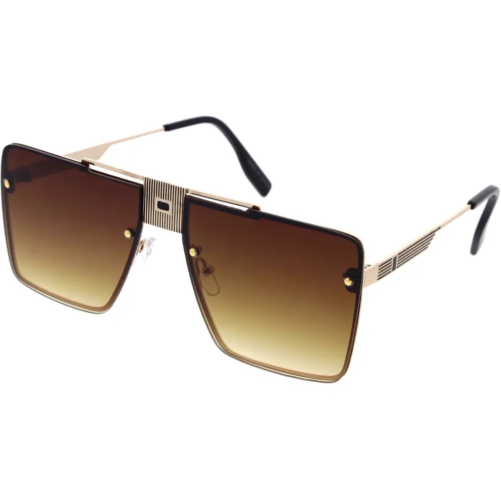 Set of 12 gold-toned aviator sunglasses with gradient brown lenses and striped metallic accents