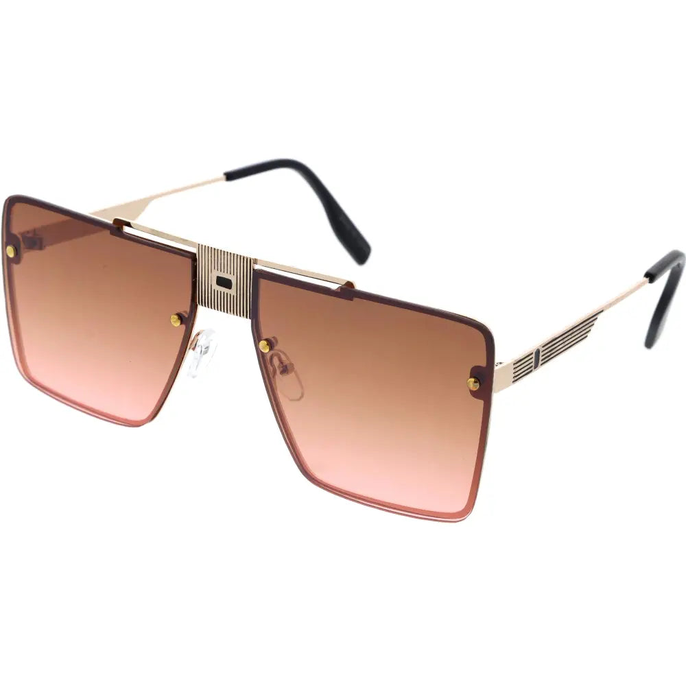 A set of 12 gold-toned aviator sunglasses with gradient brown lenses and striped metal accents
