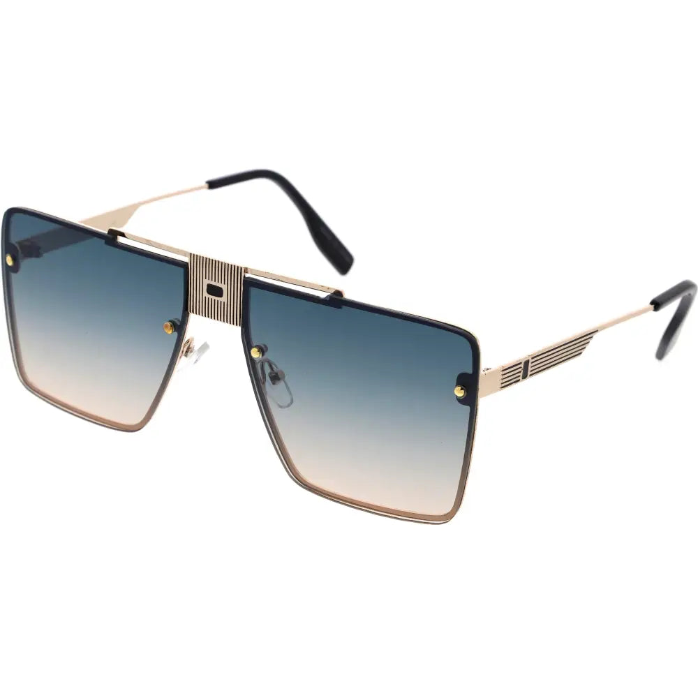 A set of 12 gold-toned aviator sunglasses with angular frames and gradient blue-to-clear lenses