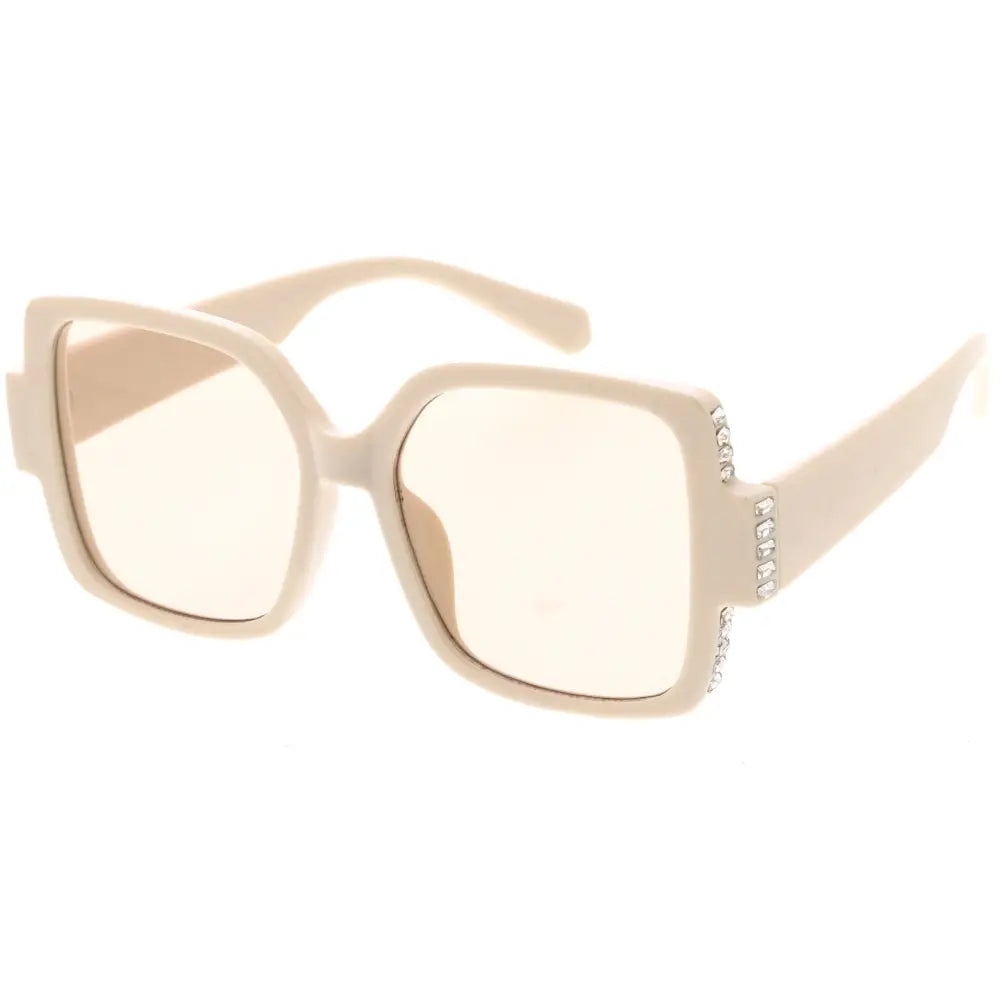 Beige square-framed sunglasses with clear lenses and a row of sparkling rhinestones along the temple set of 12