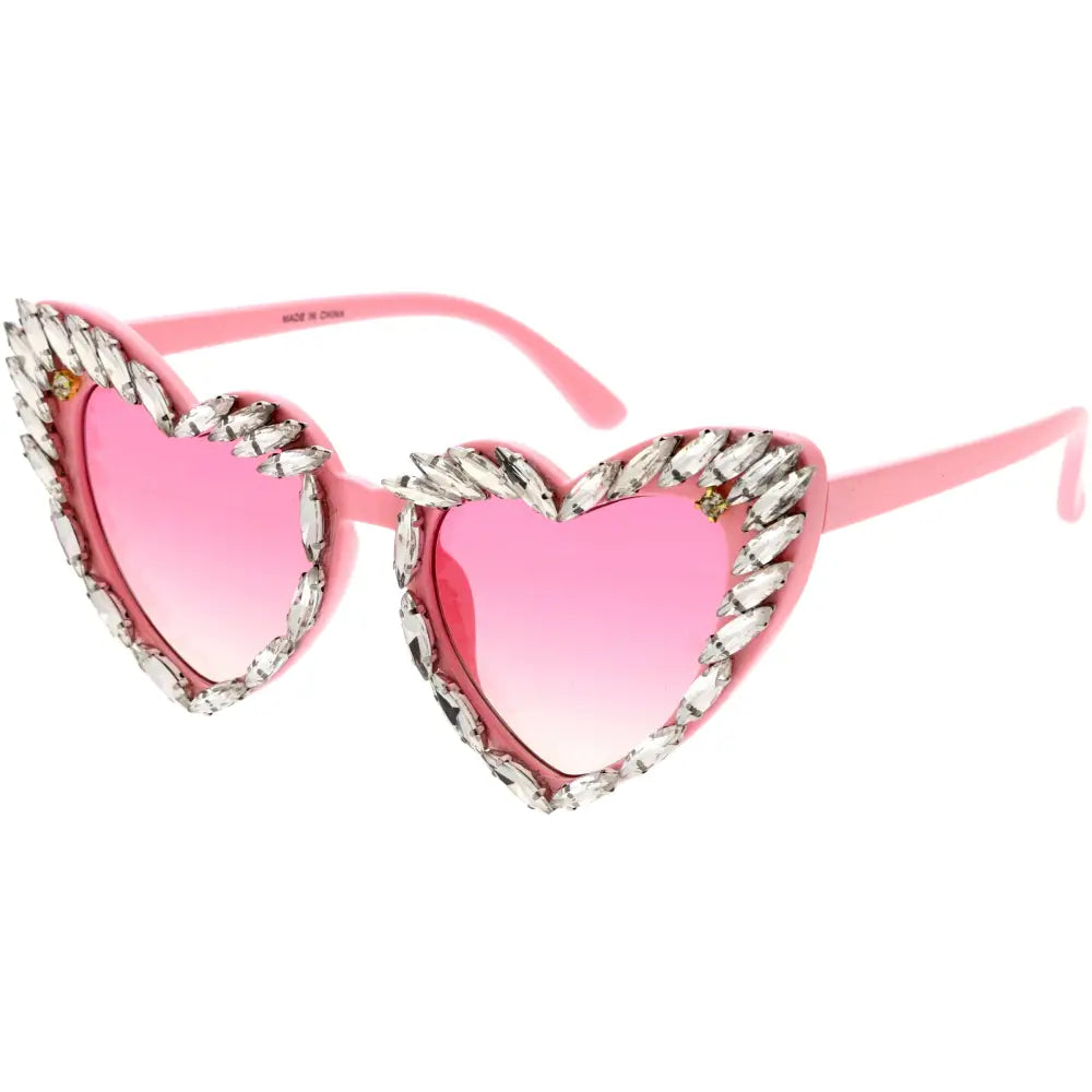 Pink heart-shaped sunglasses with gradient pink lenses and silver rhinestones on the frame set of 12 sa762