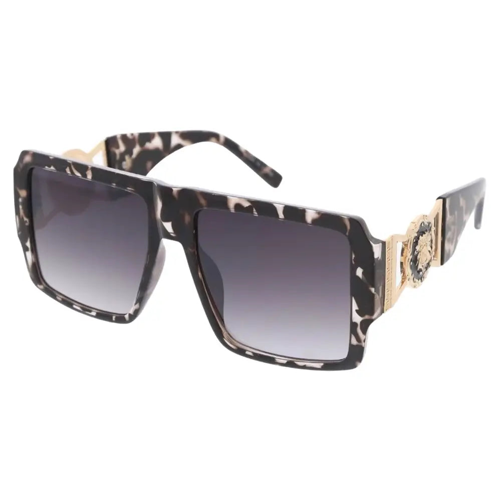 Black and beige leopard-print square-frame sunglasses with gold-tone metal detailing on the temples set of 12