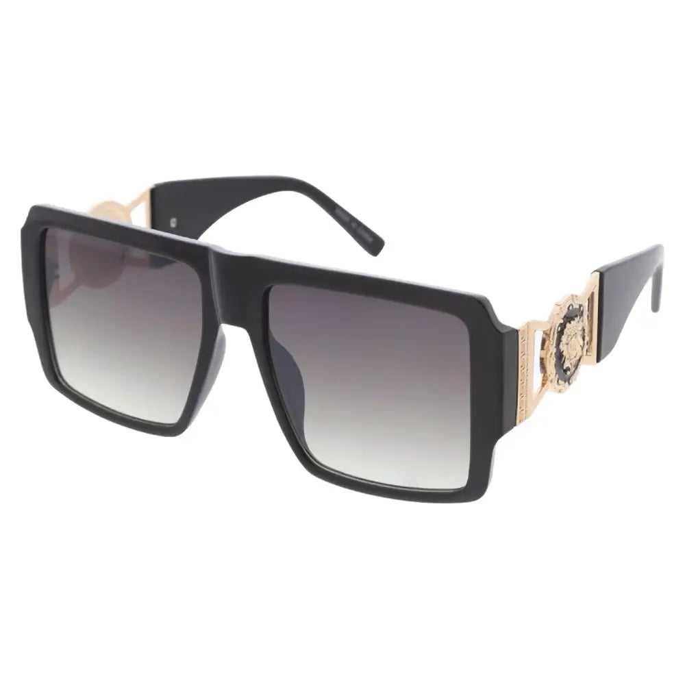 Gafas de sol rectangulares negras con lentes degradados grises y adornos dorados de cabeza de medusa en las varillas, juego de 12