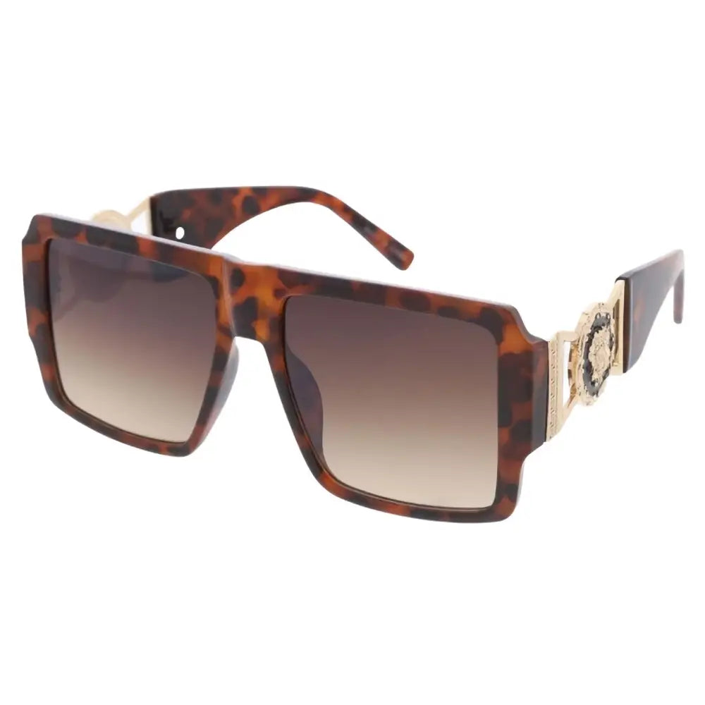 Brown tortoiseshell framed sunglasses set of 12 with gradient brown lenses and gold-toned decorative clasp on temple