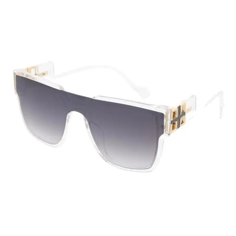 Set of 12 clear acetate sunglasses with gold-tone metal accents and gradient gray lenses in rectangular shape