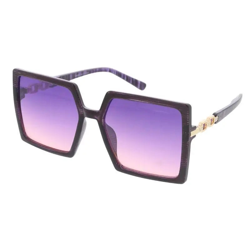 Square-framed sunglasses with dark textured frames and gradient purple to pink lenses shown in a set of 12