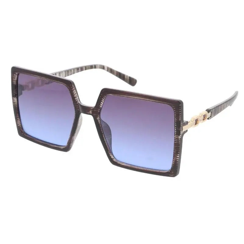 Square-framed sunglasses with dark textured tortoiseshell frame and gradient blue to purple lenses set of 12