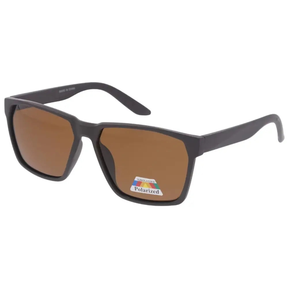 Black rectangular-framed sunglasses with brown polarized lenses shown as a set of 12 model sa847p