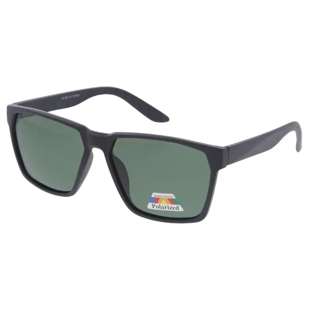 Black rectangular-framed sunglasses with green polarized lenses shown as a set of 12 models sa847p